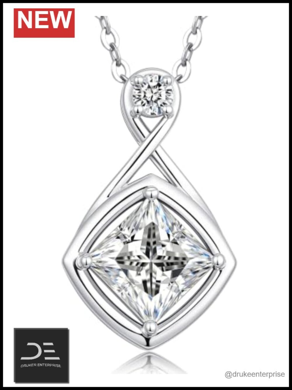 2ct Square Moissanite Infinity Pendant Necklace, Hypoallergenic, Rhodium